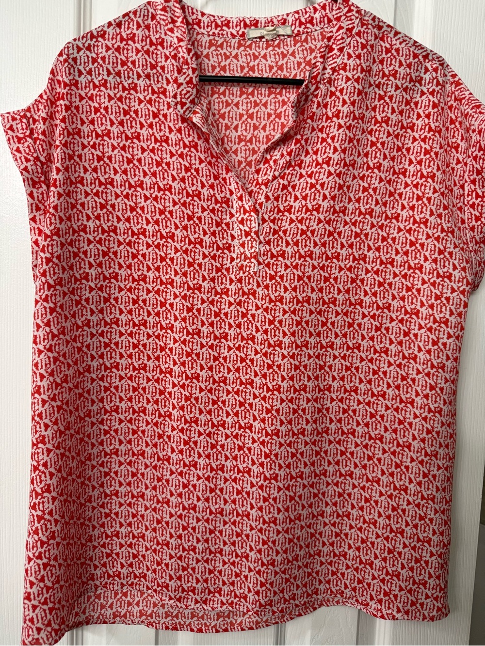 Pleione Red and White Patterned V-Neck Blouse (0146)